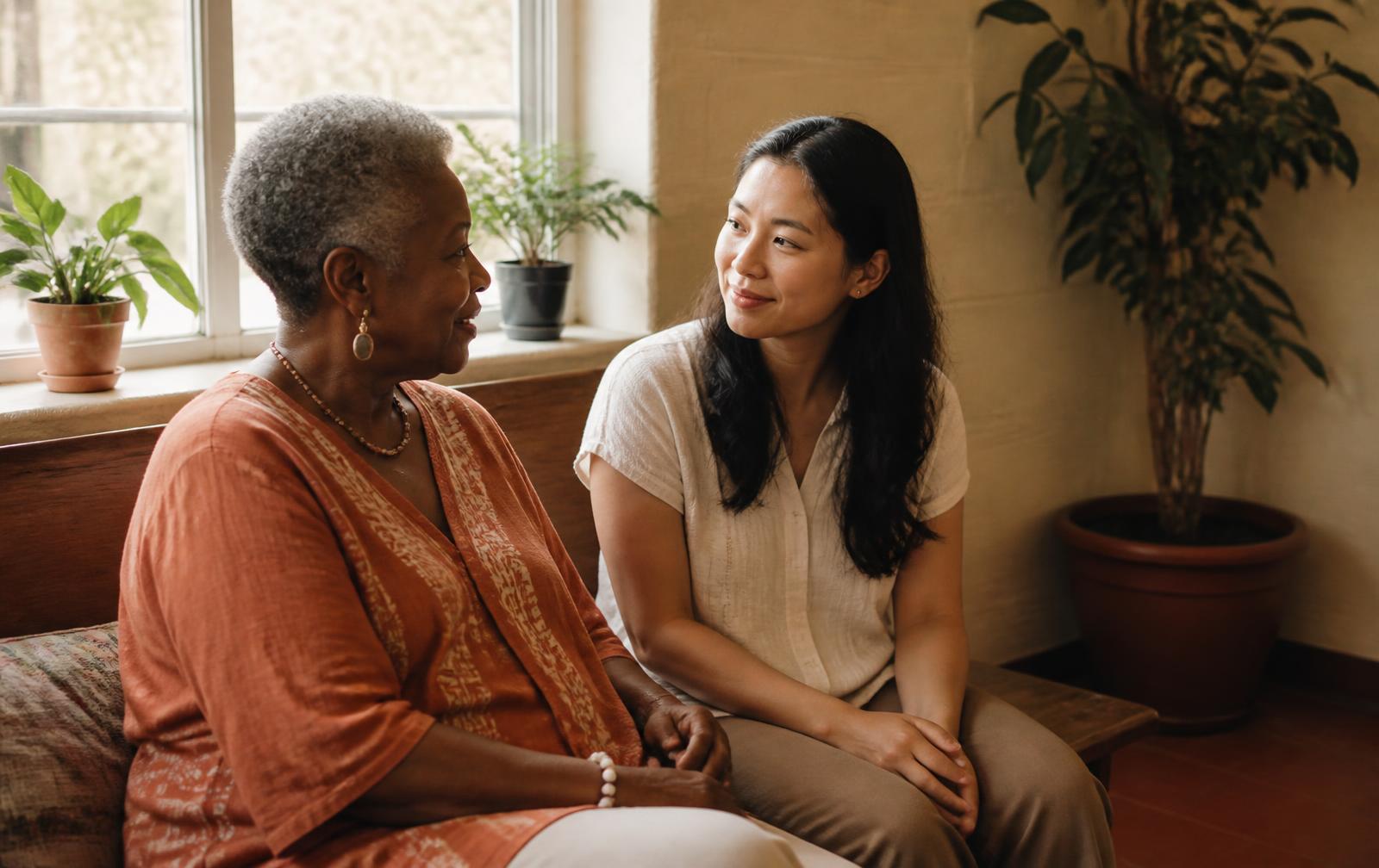 Two women of different generations sitting side by side near a sunlit window in a community room, in unhurried conversation.