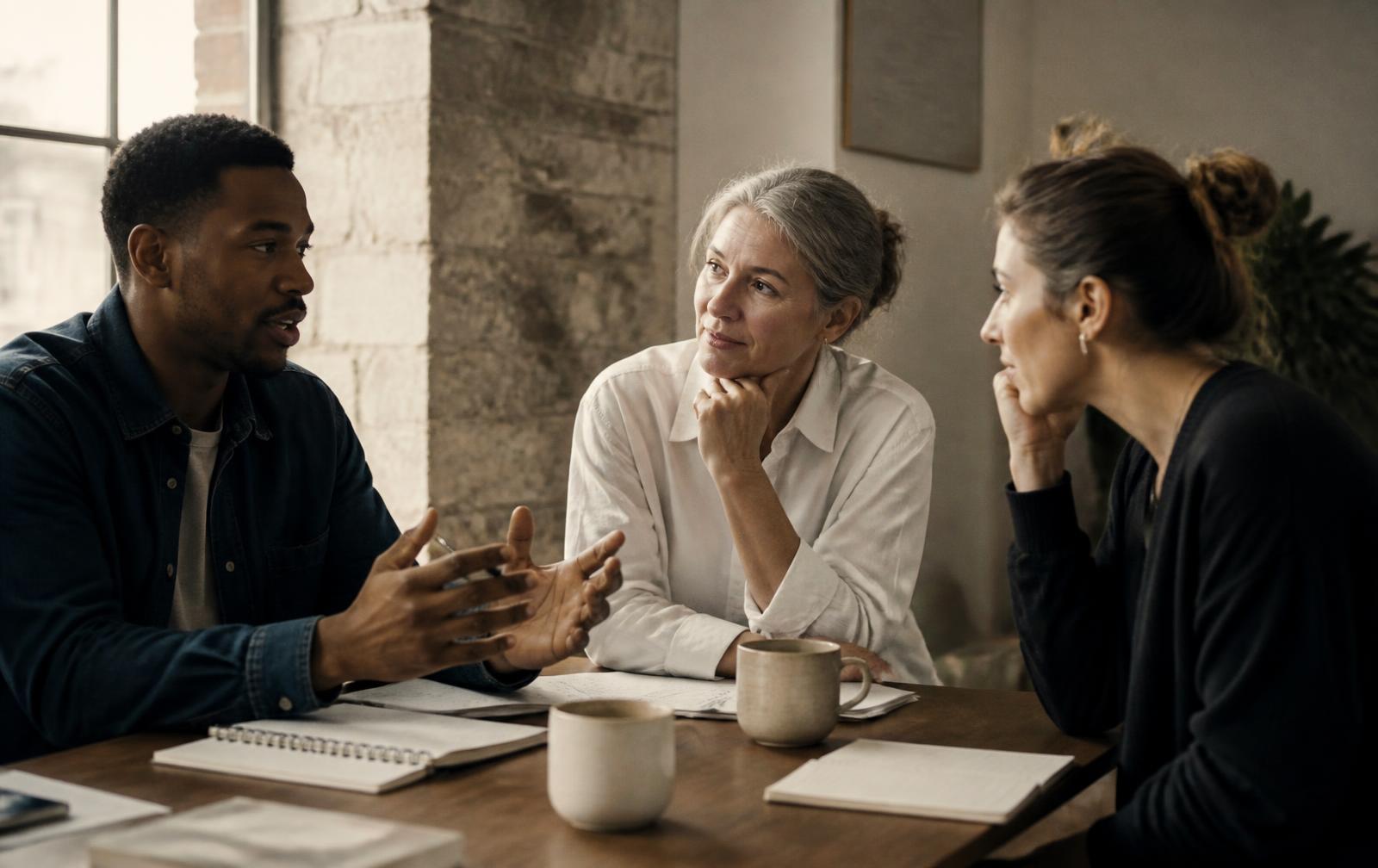 Three colleagues of different ages and backgrounds seated at the corner of a wooden table in daylight, mid-conversation with notebooks open.