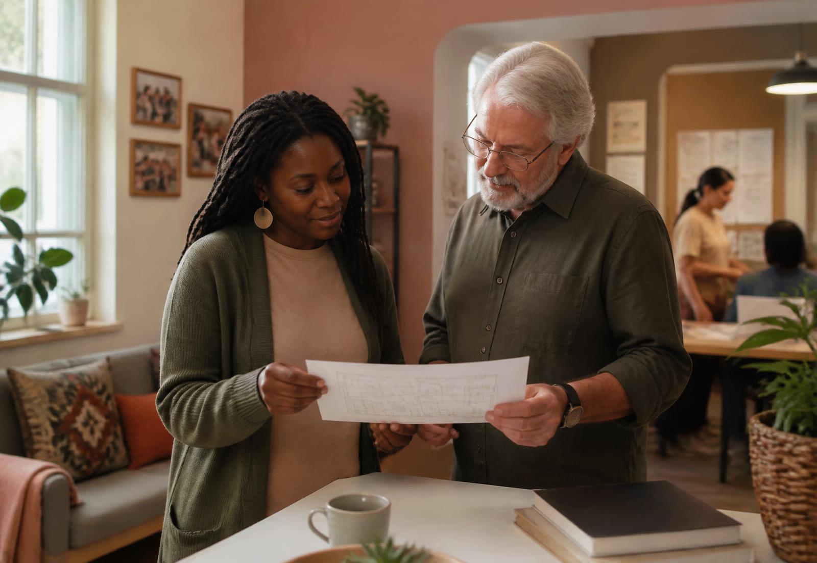 Two colleagues standing together in a warm community-service office, looking at a single printed page with a simple plan on it.