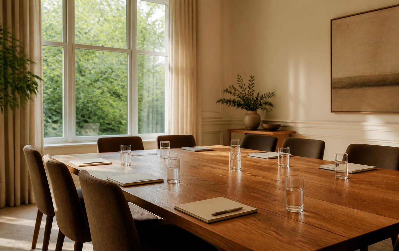 An empty meeting room with a long wooden table, simple chairs, notebooks and water glasses, and daylight from a window looking onto trees.