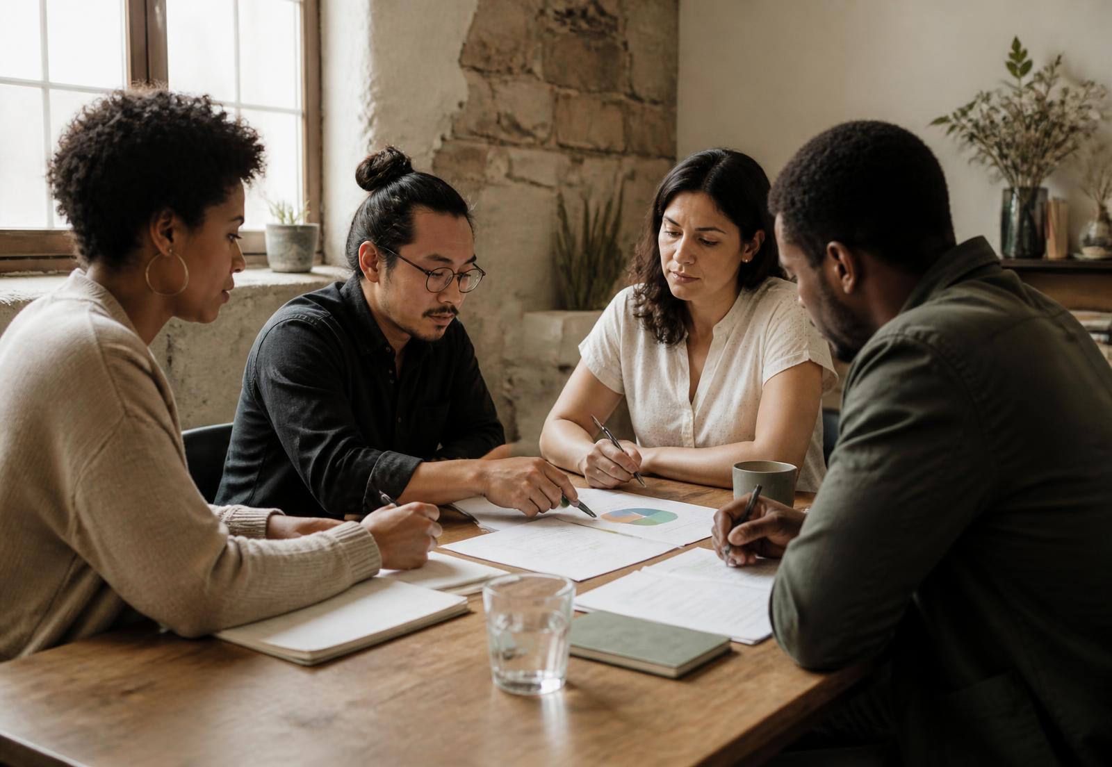 Four colleagues of different backgrounds seated around a wooden table in a modest community office, reviewing printed notes and a simple chart together.
